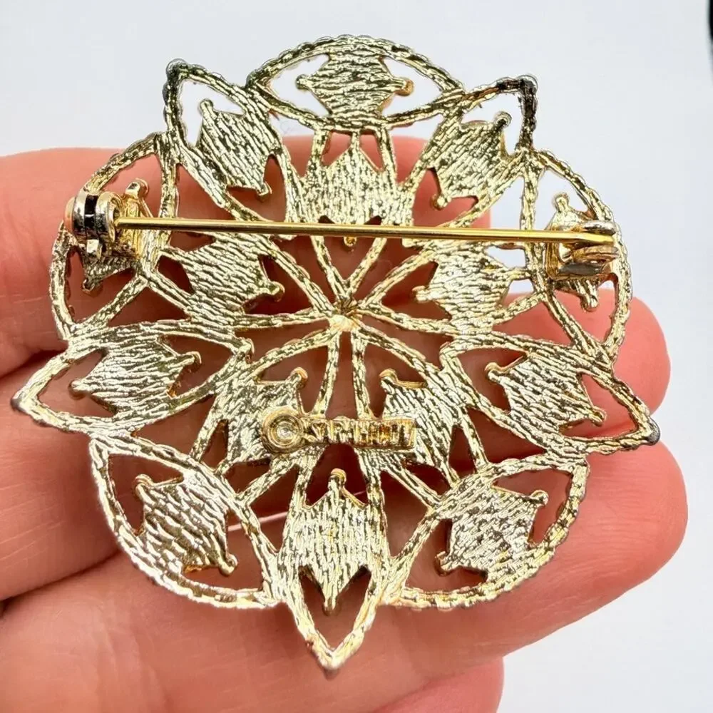 Vintage MCM Sarah Coventry Round Faux Jade Coral Brooch 1960s Costume Gold Tone